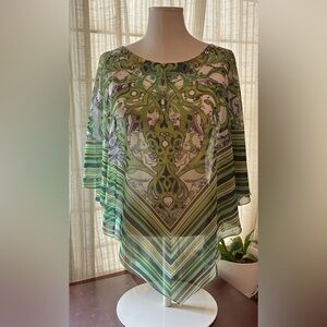 One World Sheer Green Scroll Design Poncho Scarf 2X